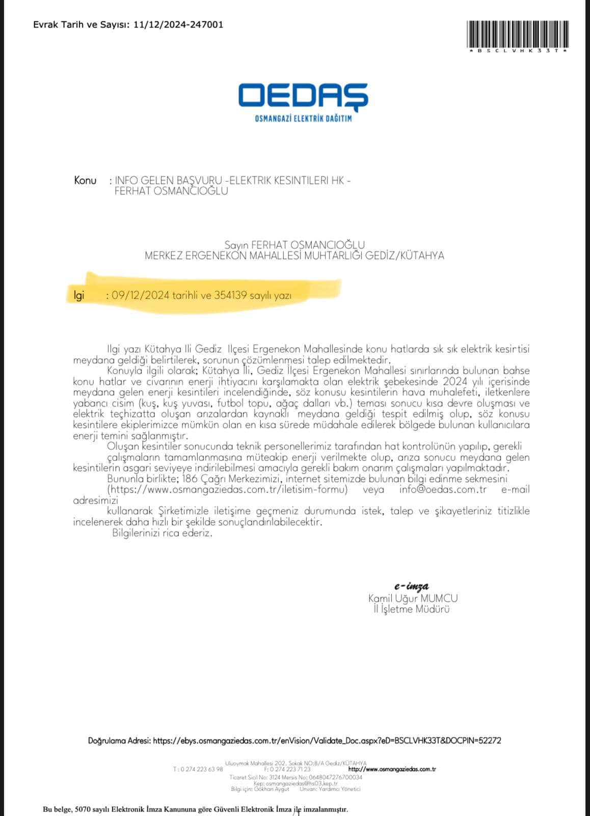 Gediz’in Ergenekon Mahallesinde Elektrik Kesintilerinin Nedeni Belli Oldu